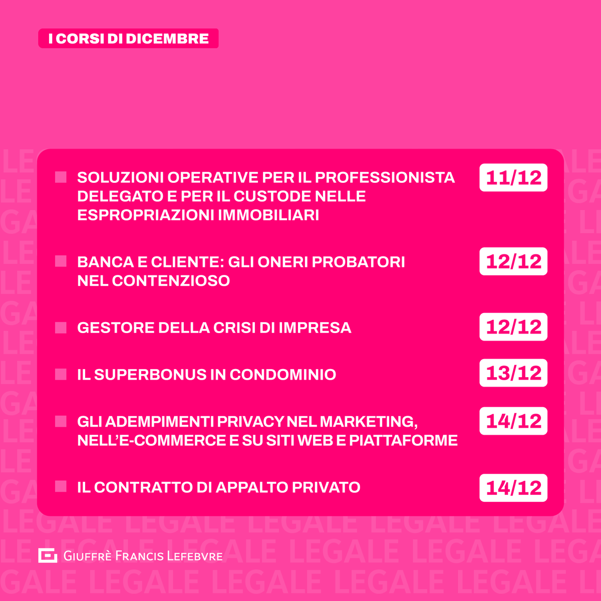 🗓️ Scopri i corsi di formazione specializzanti di Dicembre: webinar, corsi online e approfondimenti tenuti da esperti del settore che offrono le competenze e le conoscenze necessarie per avere un know da veri professionisti sull'area #legale.