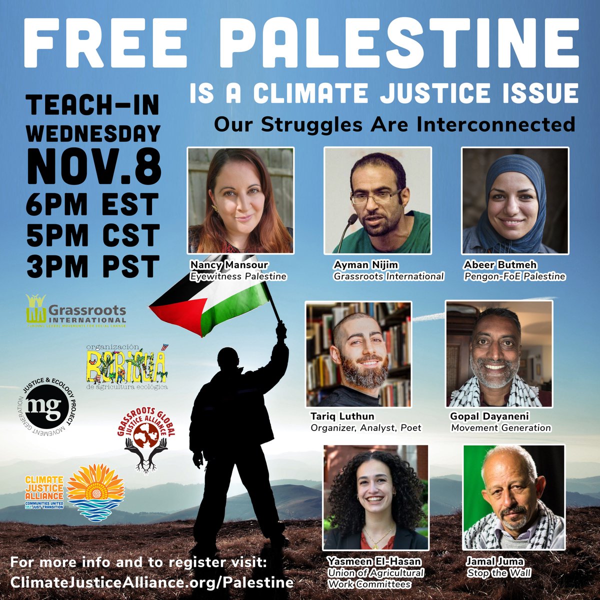 Tomorrow, Wednesday, November 8:
Teach-In about the interconnection of the struggle for Palestinian Liberation and Climate Justice. 🍉🌻

Register: ClimateJusticeAlliance.org/Palestine

🇵🇸 #FreePalestine #CJAOurPower #GazaGenocide