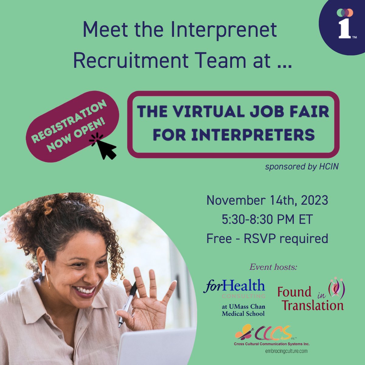 We look forward to exhibiting at the virtual job fair presented by Found In Translation! 🥳

If you're an interpreter or translator looking for new opportunities, register today and meet our recruitment team, who will answer your questions about working at Interprenet! 🤝
