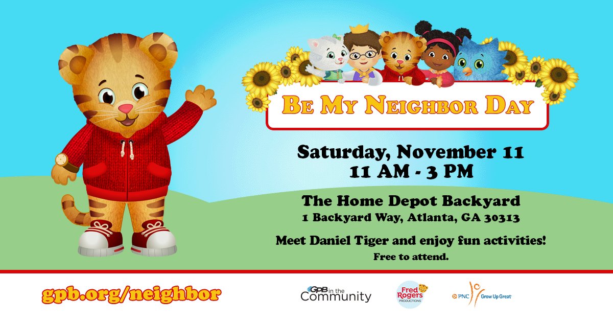 It’s almost time for #BeMyNeighborDayGPB with @PNCBank! Join us this Saturday, Nov 11, to learn about acts of kindness and meet Daniel Tiger from @danieltigertv . We’ll be celebrating rain or shine! Register for your FREE ticket: gpb.org/neighbor #PNCGrowUpGreat