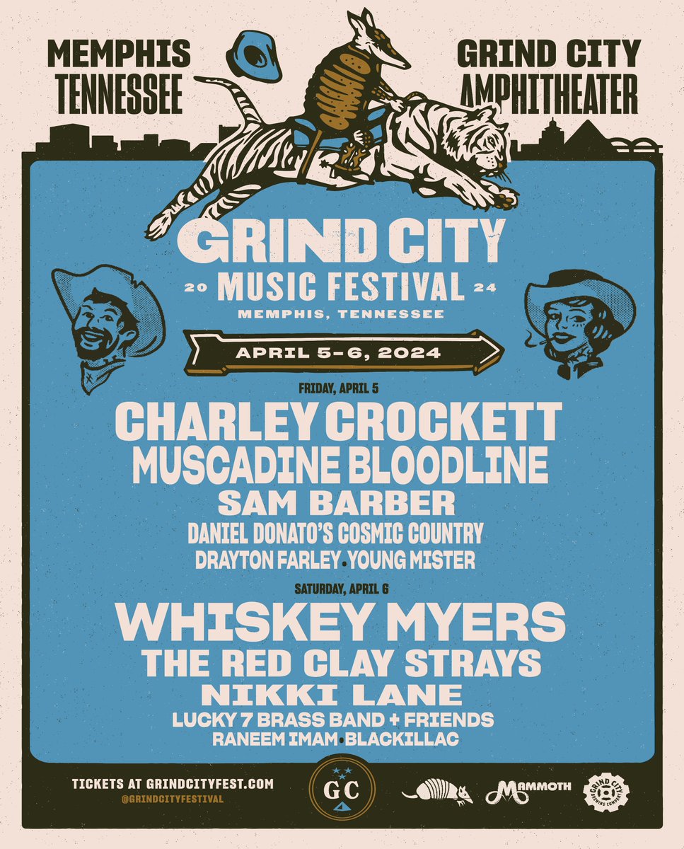grindcityfest's tweet photo. Grind City Music Festival is BACK! We're proud to present the 2024 lineup including Whiskey Myers, Charley Crockett, and more. 🐅🛸🤠

Earlybird tickets on sale now, public on-sale is tomorrow at 10am!

Tickets 🎟️ - https://t.co/qMtsdzgLiC https://t.co/hDRx6MUJnd