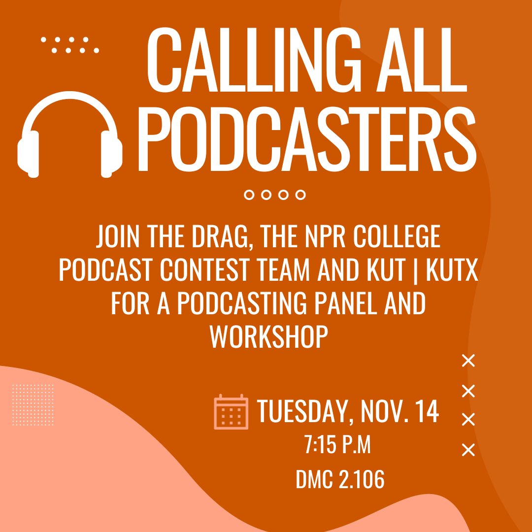 Current <a href="/UTAustin/">UT Austin</a> <a href="/UTexasMoody/">TEXAS Moody</a> students! I'll be moderating a panel with folks from <a href="/KUT/">KUT Austin</a>, <a href="/KUTX/">KUTX 98.9</a> and <a href="/NPR/">NPR</a>, who will share audio tips and tricks, as well as advice on succeeding in the audio/podcasting biz. Submit your questions in advance: forms.gle/Vwr2m75MK98Zpm…