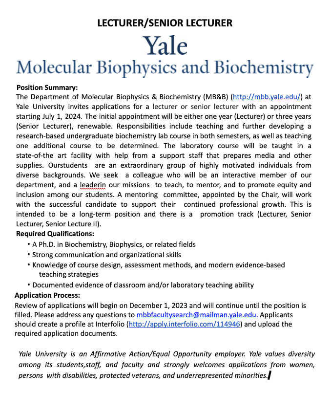Come work with us! Yale's Molecular Biophysics and Biochemistry Department is looking for a Senior Lecturer. Find more info and apply here: apply.interfolio.com/114946