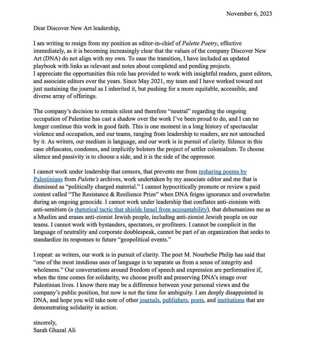 yesterday, I resigned from my role as EIC of Palette Poetry due to censorship, neutrality, & painful conversations around the occupation of Palestine. I'm sad to leave this way, but I can't work for a company that frames genocide as complicated. tinyurl.com/re2ebkw4