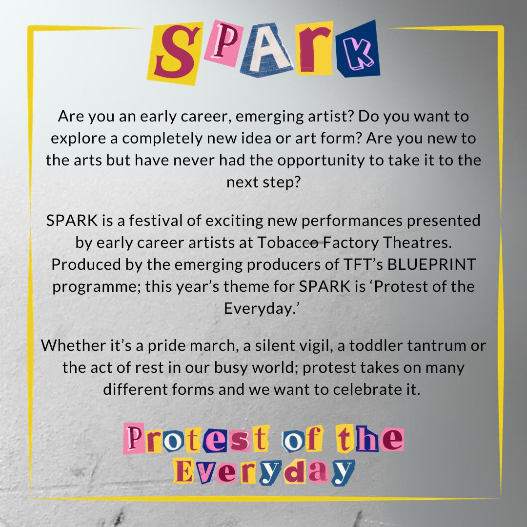 tftheatres's tweet photo. Calling Bristol's emerging artists!

SPARK is a festival of new performances presented by early career artists at our Theatres in Feb ‘24. Produced by the emerging producers of TFT’s BLUEPRINT programme; this year’s theme is Protest of the Everyday

Info: https://t.co/Bpoy2u1DeC https://t.co/FcJZL00Gq8