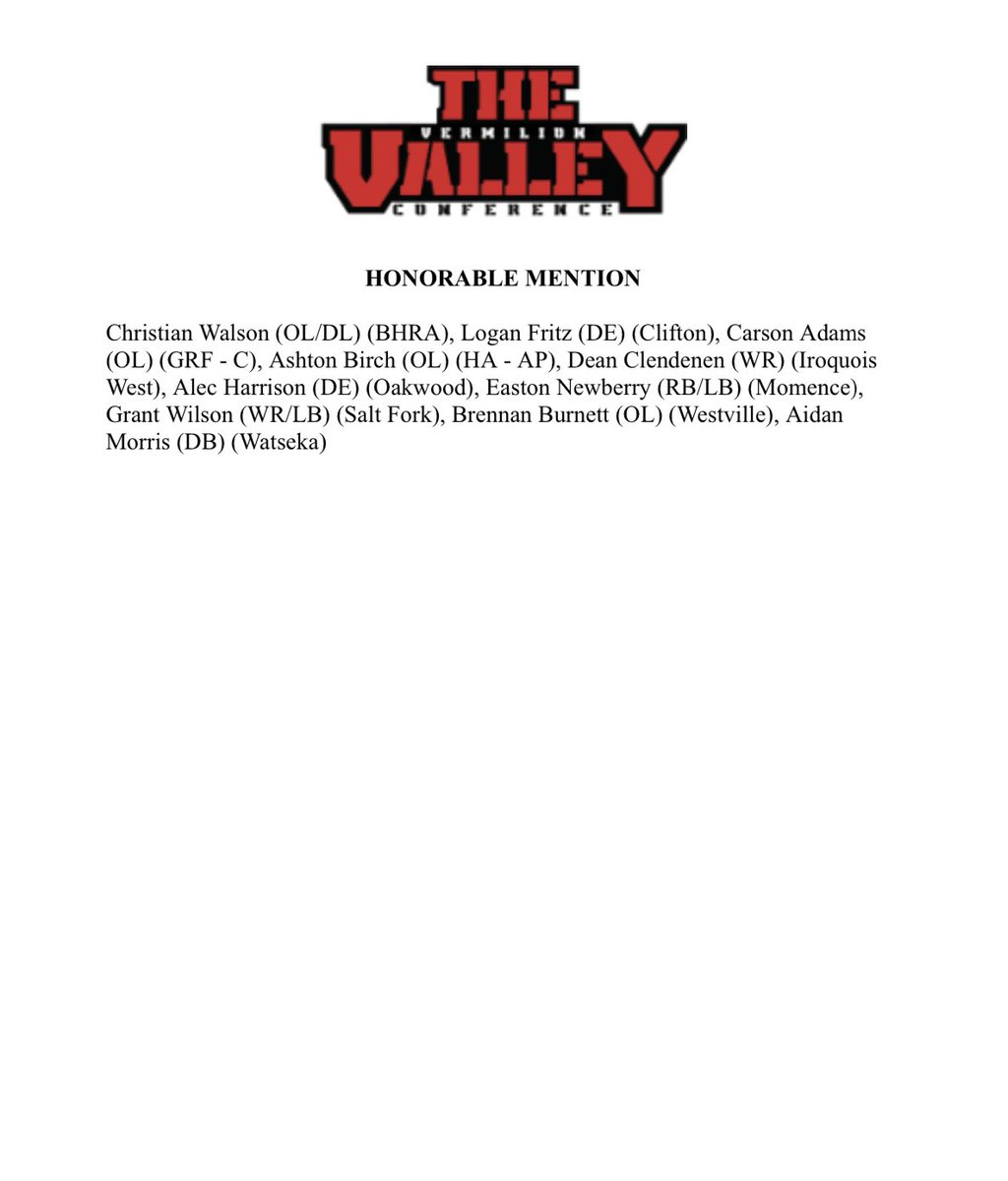 Congrats to the Vermilion Valley Conference (1st team, 2nd team, and Honorable Mention Selections) <a href="/SaltFork_HS/">Salt Fork H.S.</a>