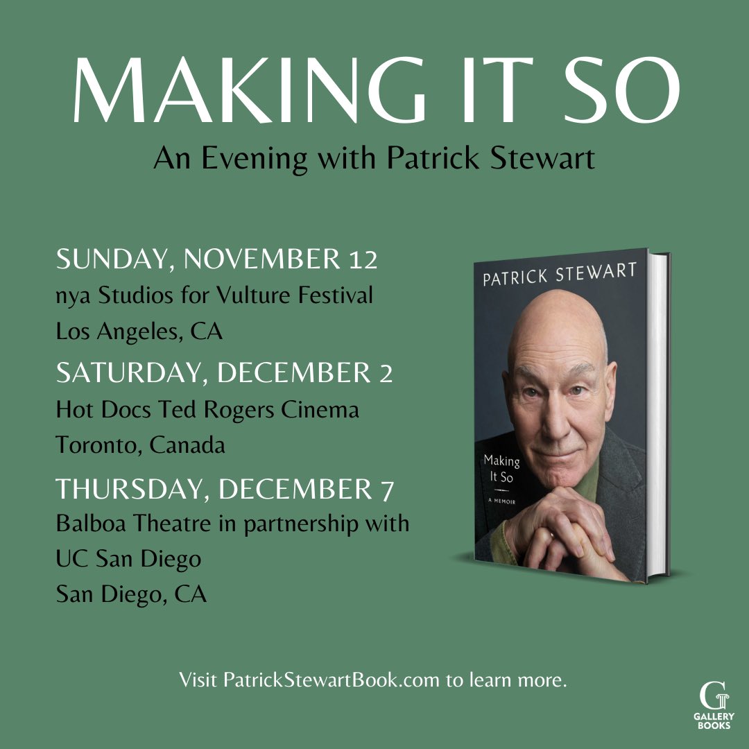 After our sold out run in October, I am pleased to share a few new #MakingItSo events this year! You can see me in Los Angeles *this* Sunday, San Diego on December 7, and Toronto, Canada (!!) on December 2!  

Find ticket information at PatrickStewartBook.com.