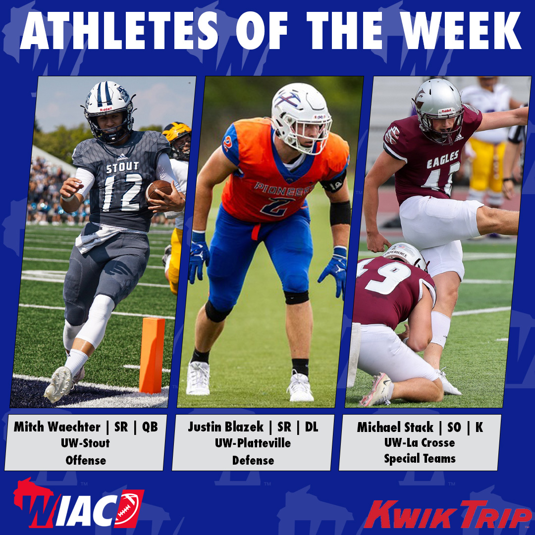 #WIACFB | <a href="/stoutbluedevils/">UW-Stout Athletics</a> Waechter, <a href="/uwp_pioneers/">UW-Platteville Athletics</a> Blazek, and <a href="/UWLAthletics/">UWL Athletics</a> Stack Receive Kwik Trip Athlete of the Week Honors: bit.ly/49nP4nL

#ExcellenceInAction
#d3fb
