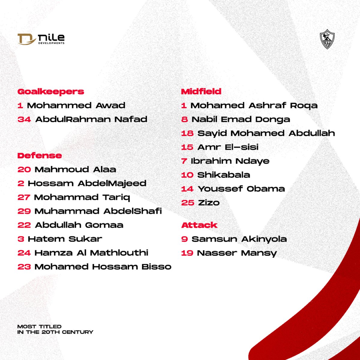 📋| Zamalek's lineup for the semi-final clash against Pyramids in the Egypt Cup 🏹