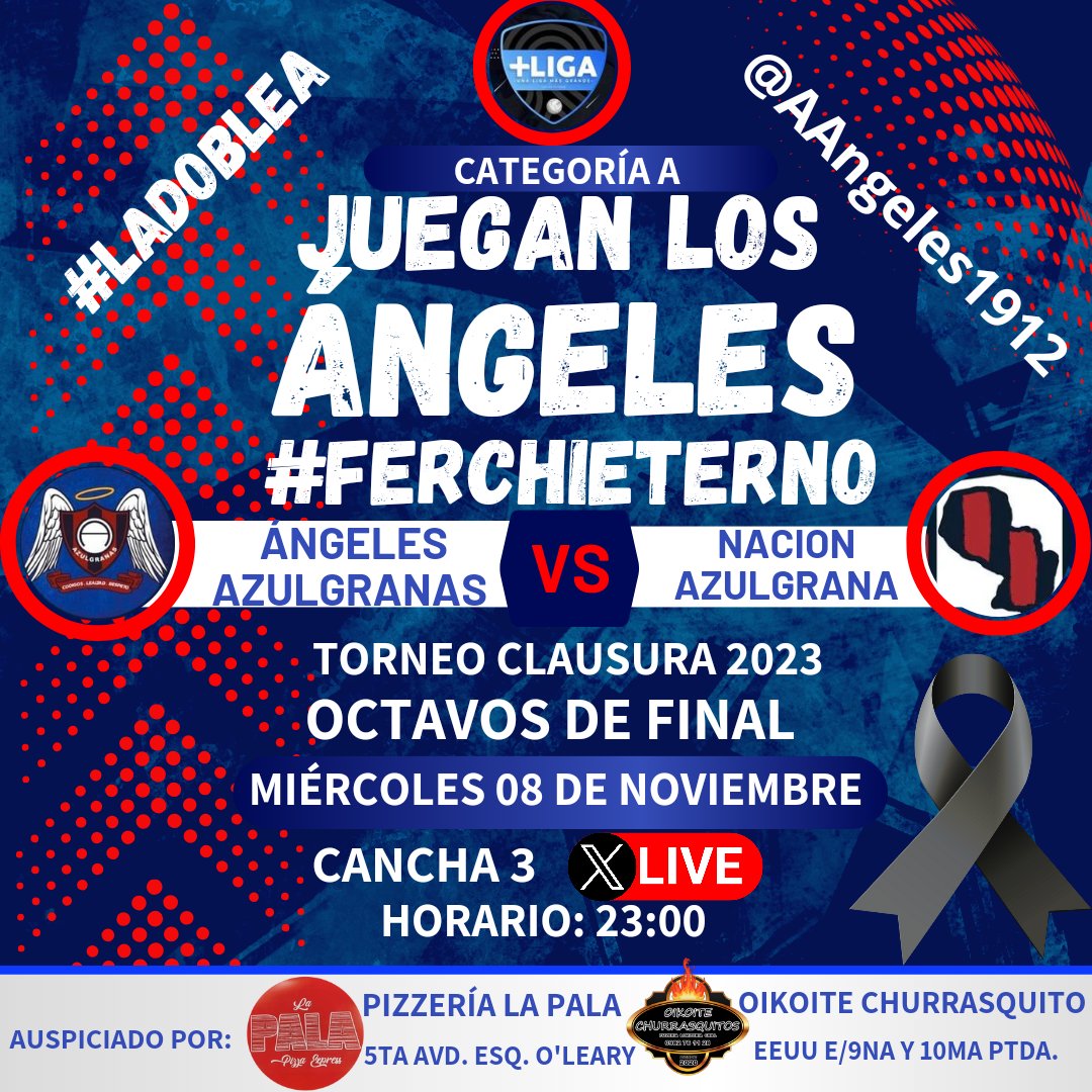 JUEGAAAN LOS ÁNGELEEES!
En un partidazo para cerrar la vuelta de los Octavos de finales en la <a href="/ligadetuiteros_/">Más Liga</a> nos enfrentamos a <a href="/Nazulgranatw/">Nación Azulgrana</a> luego del partido de ida de culmino en empate 1-1.
Les esperamos a todos para apoyar a #LaDobleA 👼🪽💙❤️👊
#FerchiEterno
#AlexPorSiempre