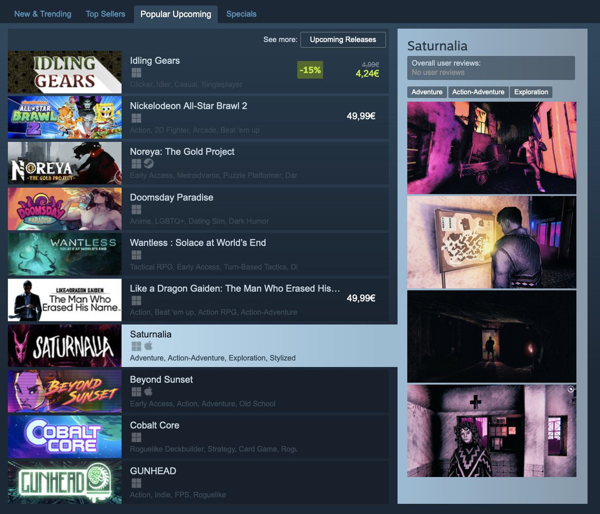 And here we are, THE FRONT PAGE. Saturnalia comes out tomorrow on Steam, 25% off for the first week. store.steampowered.com/app/916350/Sat…