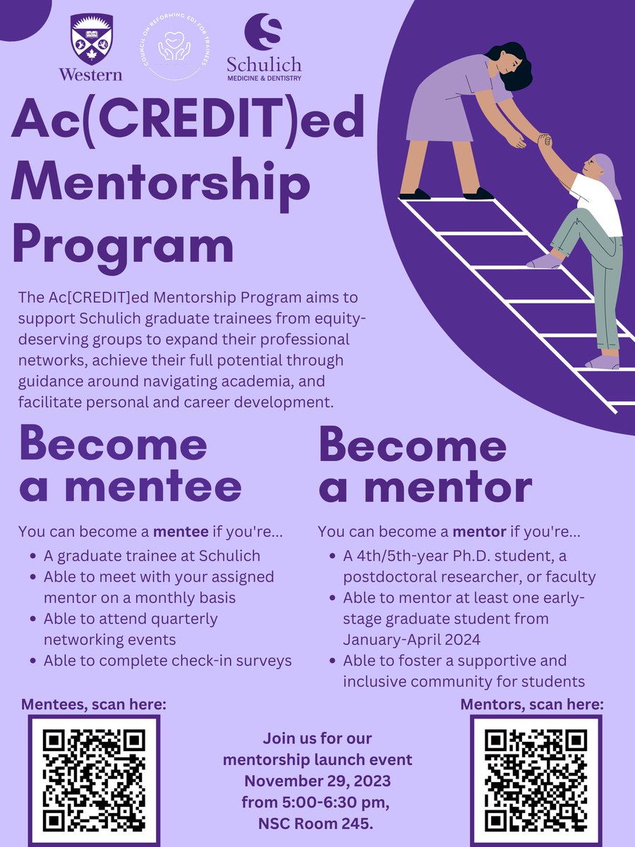Schulich CREDIT at UWO (@uwocredit) on Twitter photo We're excited to announce a networking event this November! If you'd like to be a mentor or mentee, you can sign up by scanning the respective QR code at the bottom of this poster. <a href="/SchulichMedDent/">Schulich WesternU</a> <a href="/WesternU/">Western University</a> We're excited to announce a networking event this November! If you'd like to be a mentor or mentee, you can sign up by scanning the respective QR code at the bottom of this poster. <a href="/SchulichMedDent/">Schulich WesternU</a> <a href="/WesternU/">Western University</a>