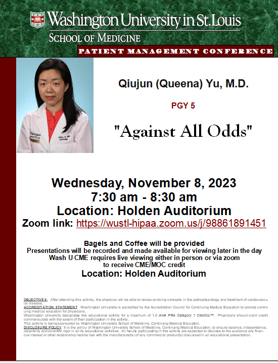 WashU Medicine Cardiovascular Division (@washucardiology) on Twitter photo Join us for tomorrow's Patient Management Conference, with Dr. Queena Yu presenting "Against All Odds"! <a href="/WUCardioFellows/">WashU Cardiology Fellowship</a> #MedEd Join us for tomorrow's Patient Management Conference, with Dr. Queena Yu presenting "Against All Odds"! <a href="/WUCardioFellows/">WashU Cardiology Fellowship</a> #MedEd