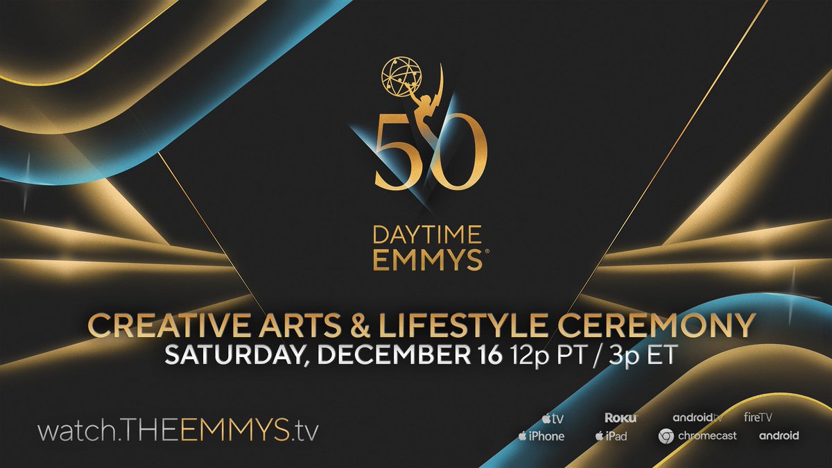 JUST ANNOUNCED: The 50th Annual #DaytimeEmmys Creative Arts & Lifestyle Ceremony will be LIVE from the Westin Bonaventure LA on watch.theemmys.tv and @TheEmmys Apps on SATURDAY, DECEMBER 16 @ 12p PT / 3p ET. Additional #DaytimeEmmys ceremony details will be announced later.