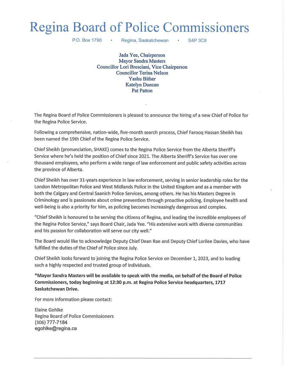 reginapolice's tweet photo. The Regina Police Service shares this announcement on behalf of the Regina Board of Police Commissioners.

After extensive consideration by the Board, a new Chief of the Regina Police Service has been hired. Chief Farooq Hassan Sheikh will join RPS on December 1, 2023. https://t.co/3xuekGQtua