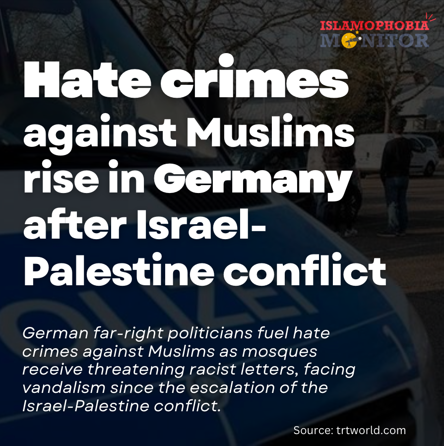 imonitor2023's tweet photo. Anti-Muslim hate crimes and attacks against mosques have significantly increased in #Germany since the escalation of the Israel-Palestine conflict...
A report by @trtworld
Link: https://t.co/SfPNuHDHsc
#Islamophobia #IslamophobiaMonitor https://t.co/woVjebpHTi