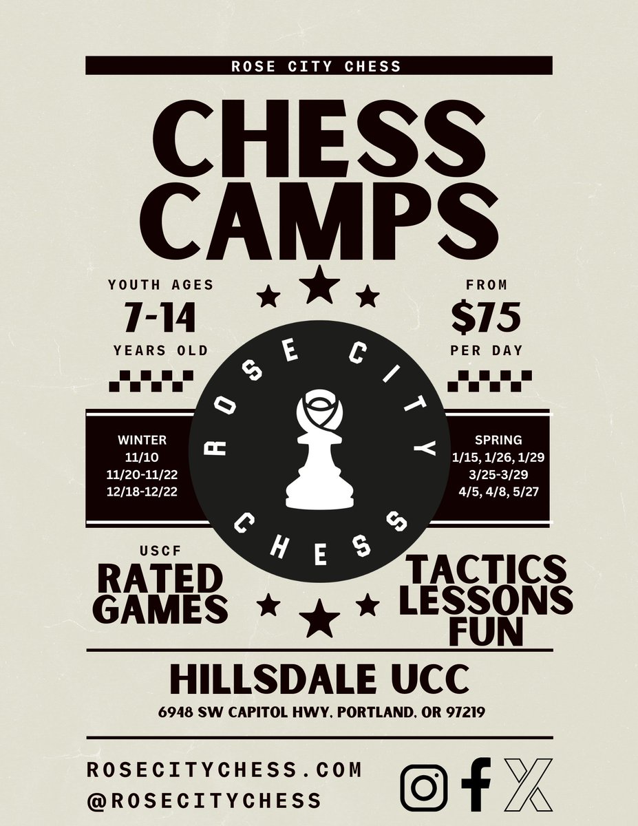 Our next chess camp is only a couple of days away! Register at rosecitychess.com.
