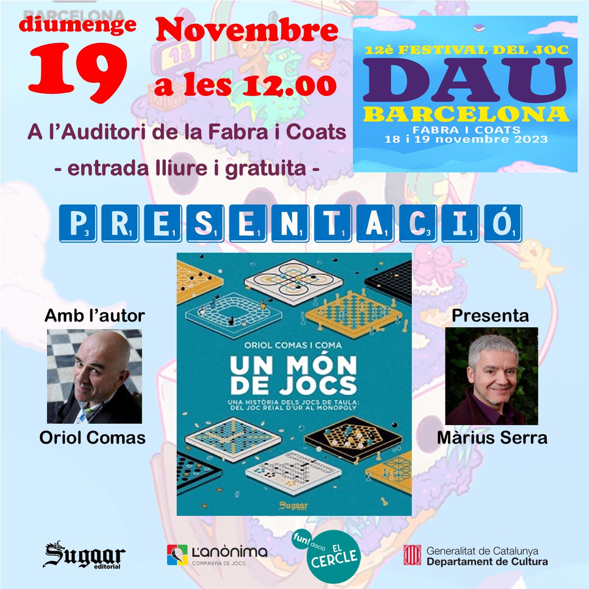 Moltes persones ens ho heu demanat. Diumenge 19 a les 12h serem al <a href="/DAUBarcelona/">Amics del DAU Barcelona</a> amb l'<a href="/oriolcomas/">Oriol Comas</a> i el <a href="/mariusserra/">Màrius Serra</a> presentant el llibre Un món de jocs. Esperem que no hi hagi cap assassinat... 🤔😉⬇️