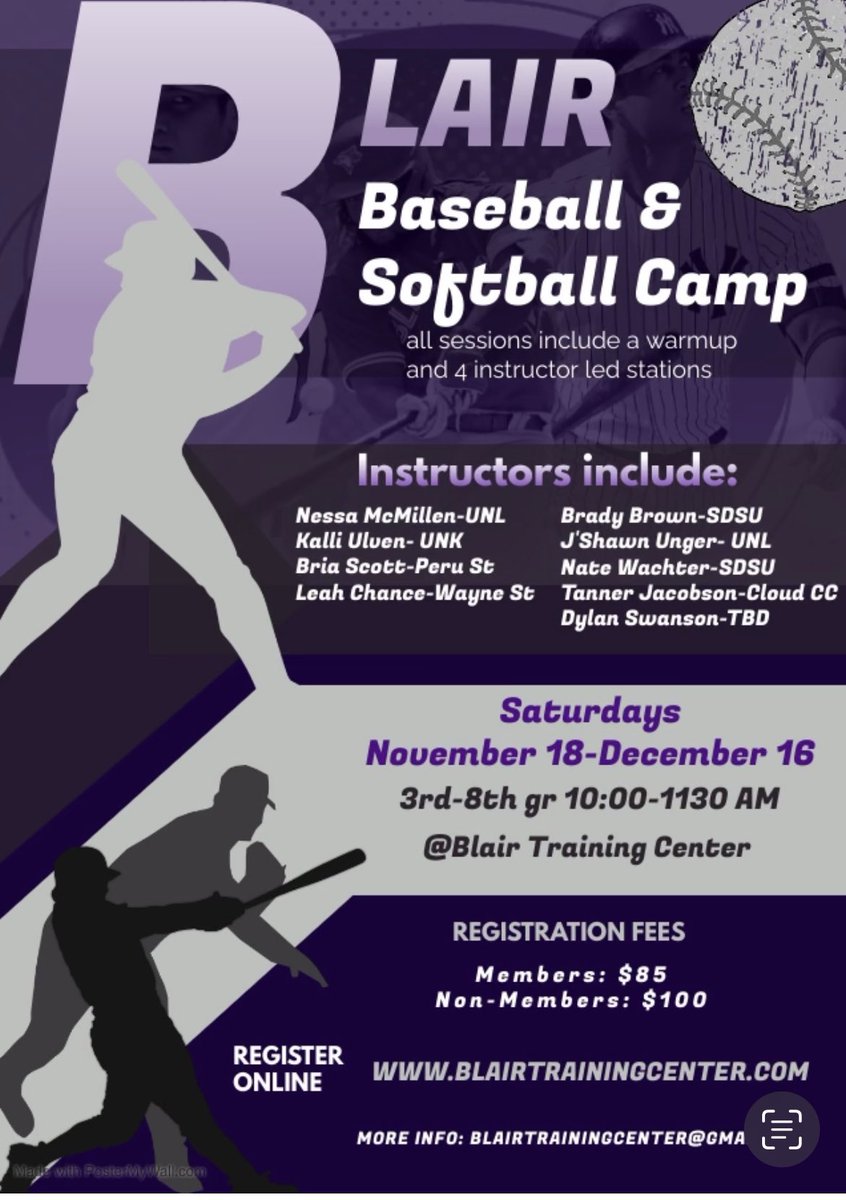 Join the 2024 Blair High School College Commits in a 5 week camp. Great opportunity to learn from their experience! @nessamcmillen @bradytbrown11 @KalliUlven @JshawnUnger1 @bria_scott1 @nwachter42 @leahchance03 @tannerjac2 @dswanson_13 🐰 🌽 🐯 🐅 🦅 🐐 ⚾️ 🥎 💥