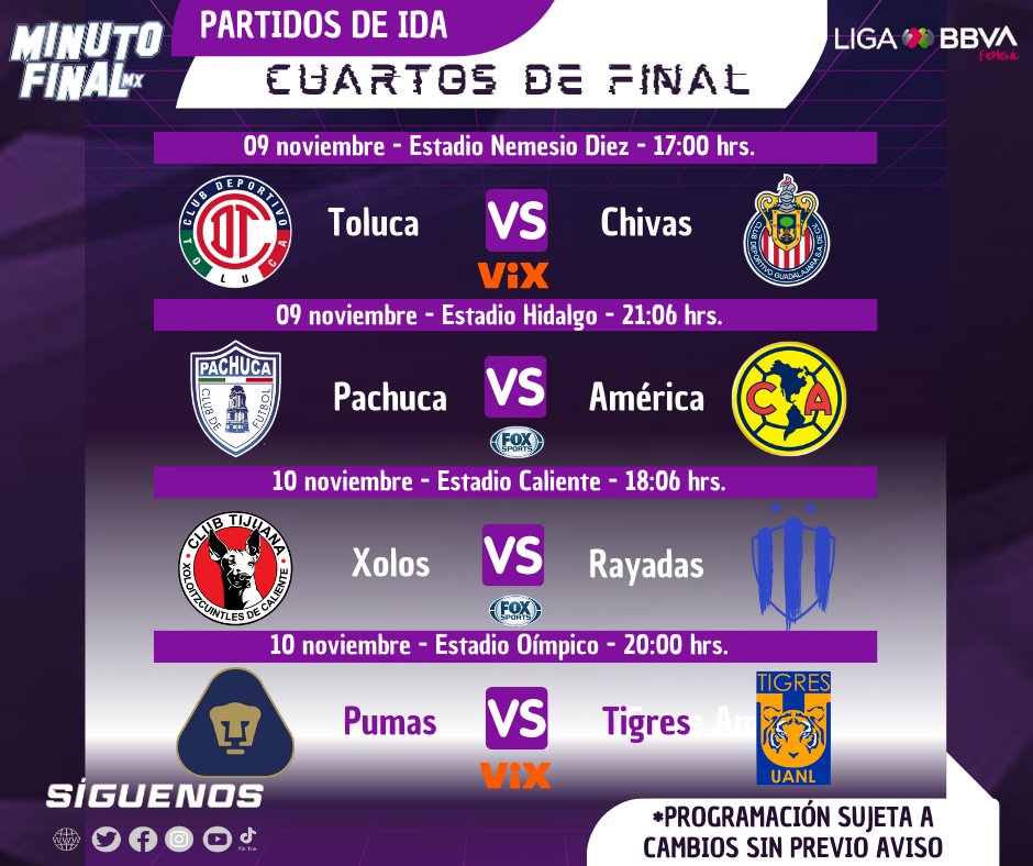 MinutoFinalMx's tweet photo. 📅 APUNTA LAS FECHAS
Estos son los horarios para los #CuartosDeFinal de la @LigaBBVAFemenil en busca del título

#Apertura2023 | #HastaElMinutoFinal https://t.co/kdvWvXAbXI