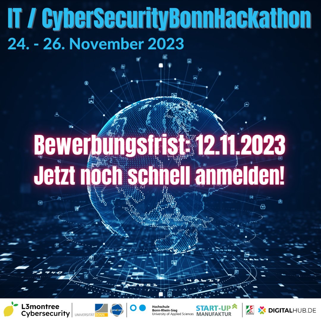 Mach mit beim IT / Cyber Security Hackathon in Bonn!
24.11. - 26.11.2023
Am Hauptbahnhof 6, 53111 Bonn
Gesucht wird alles, was hilft: technische Innovationen, konkrete Konzepte, kreatives Miteinander.
bit.ly/3Qnd95s
Bewerbungsfrist 12.11.2023
#dwnrw #digitalhub