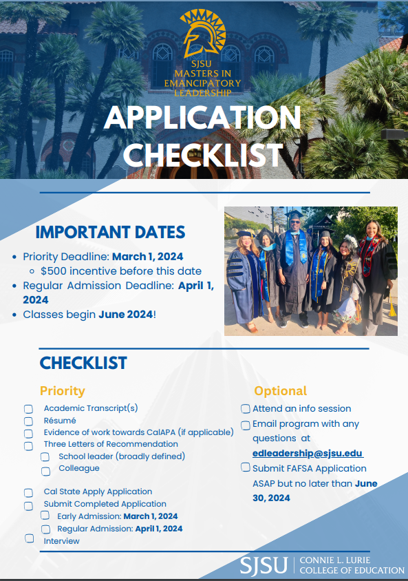 sjsulurie's tweet photo. Almost done applying? Check out the application checklist to make sure you have everything! Look out for important dates and ensure you are set.
Take a look at the 3 different pathways for the MELS program.
#sjsu #sjsulurie #MAprogram #SchoolLeadership #apply #MELS https://t.co/HmLu76Y9T7