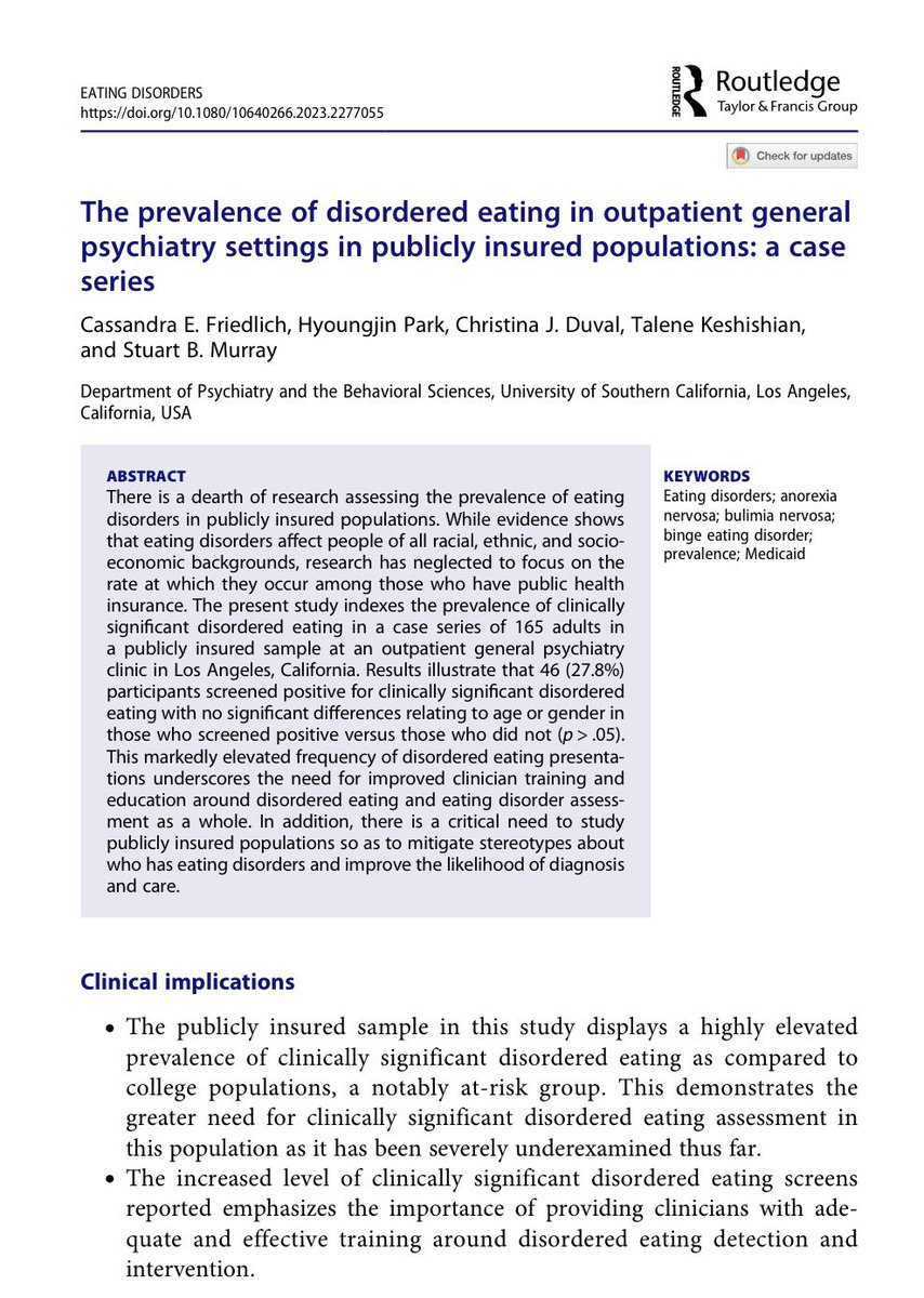 One of the biggest drivers of my work is oriented towards equalizing access to care for #EatingDisorders in #UnderservedCommunities. 

Check out this new paper assessing the prevalence of #DisorderedEating in #PubliclyInsured populations in #LosAngeles. 

tandfonline.com/doi/epdf/10.10…
