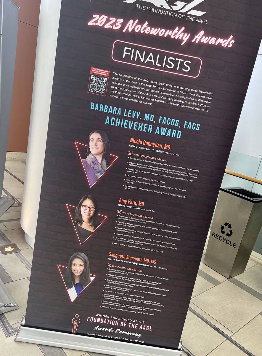 Could not imagine a better group colleagues and friends to be finalists for the Barbara Levy MD AchieveHer award! Congratulations to ⁦@n_donovan14⁩ ⁦@dramypark⁩ and Dr Sangeeta Senapati for the nominations! #AAGL2023