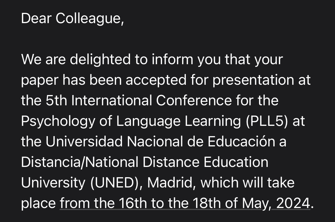 What a wonderful beginning of the week! Very happy to have been accepted to share my research at @IAPLL1’s PLL5 in Madrid next year!

First time attending/presenting and my first international conference, too! So exciting! I guess it’s time to start looking for some funding 😂