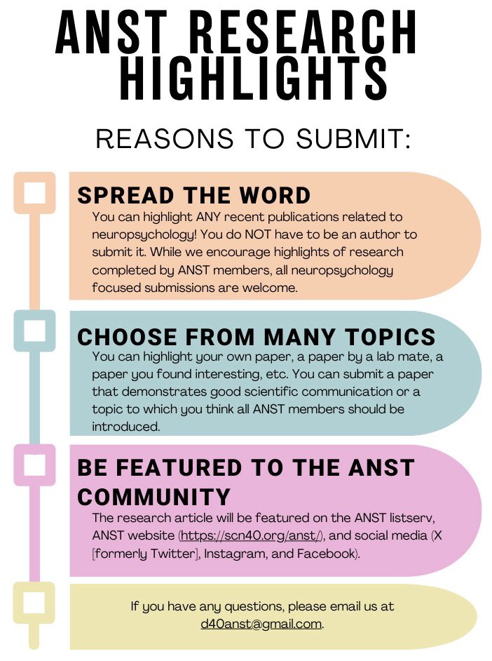 Did you recently publish a paper? Did your lab mate? Did you come across the most interesting article that all ANST members should know about? These are some of the fabulous reasons to submit an ANST RESEARCH HIGHLIGHT! #NeuropsychTwitter #Neuropsychology 
docs.google.com/forms/d/e/1FAI…