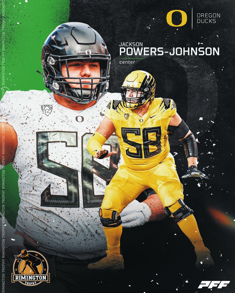 Jackson Powers-Johnson has a 90.4 pass blocking grade and 78.4 run blocking grade in 2023 according to @pff_college. The @oregonfootball center has allowed 0 sacks and only allowed 1 QB pressure across 348 pass blocking snaps. #rimingtonwatchlist