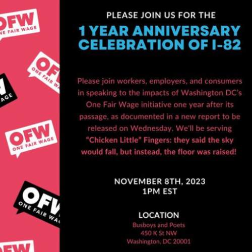 It's the 1-year anniversary of #Initiative82!  They said the sky would fall, but instead the floor was raised.

Tomorrow we'll join @OneFairWageDC, workers, employers, and consumers for a discussion about the measure one year later. Join us: mobilize.us/onefairwage/ev…