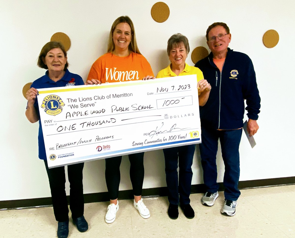 A very special thank you to the Merriton Lions Club for their thoughtful generosity and donation to the Applewood Breakfast Club. #dsbn #merritonlionsclub