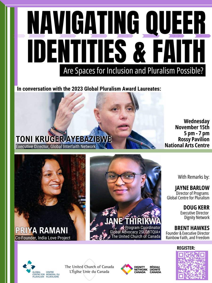Another exciting event happening during Award week:

Explore the intersection of faith &amp; #LGBTQ2S+ identities through a thought-provoking discussion with 2023 #GlobalPluralismAward laureates!

📅 Nov 15, 5-7 PM
📍 Rossy Room, Nat'l Arts Centre
📝Register: shorturl.at/FJS19