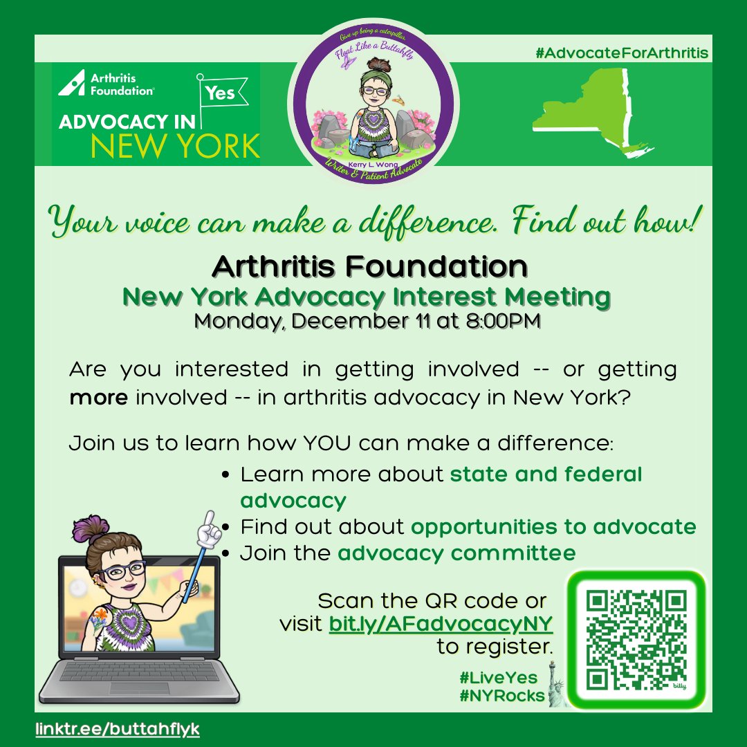 #AdvocateForArthritis @ArthritisFdn @AFAdvocacy Your voice can make a difference. Find out how! Arthritis Foundation New York Advocacy Interest Meeting Monday, December 11 at 8:00PM Scan the QR code or visit bit.ly/AFadvocacyNY to register. ~🦋 #LiveYes #NYRocks🗽