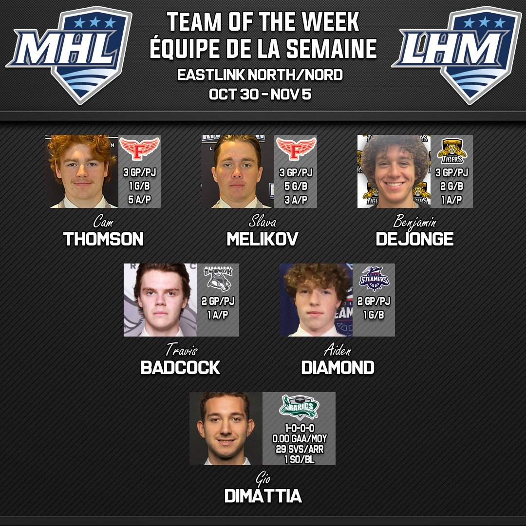MHL Teams of the Week - Week 8

Eastlink North/Nord:
F/A - Cam Thomson <a href="/FRedWingsHockey/">Fredericton Riverview Ford Red Wings</a> 
F/A - Slava Melikov - Fredericton
F/A - Benjamin deJonge <a href="/TigersHockeyMHL/">Campbellton Jr. A Tigers</a> 
D - Travis Badcock <a href="/MTimberWolves/">Miramichi Timberwolves</a> 
D - Aiden Diamond <a href="/WKSteamers/">West Kent Steamers</a> 
G - Gio DiMattia <a href="/GFRapidshockey/">Grand Falls Rapids-Rapides de Grand-Sault</a>