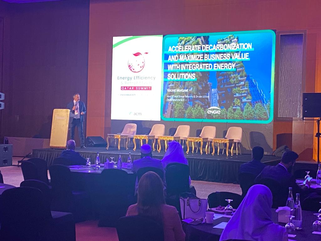 Vincent Montanet, Head of Local Energy Networks &amp; On-site Utilities, ENGIE Solutions GCC, shared strategies to accelerate decarbonization and maximize business value with integrated energy solutions in his keynote session at the Energy Efficiency &amp; RetrofitTech Summit Qatar.