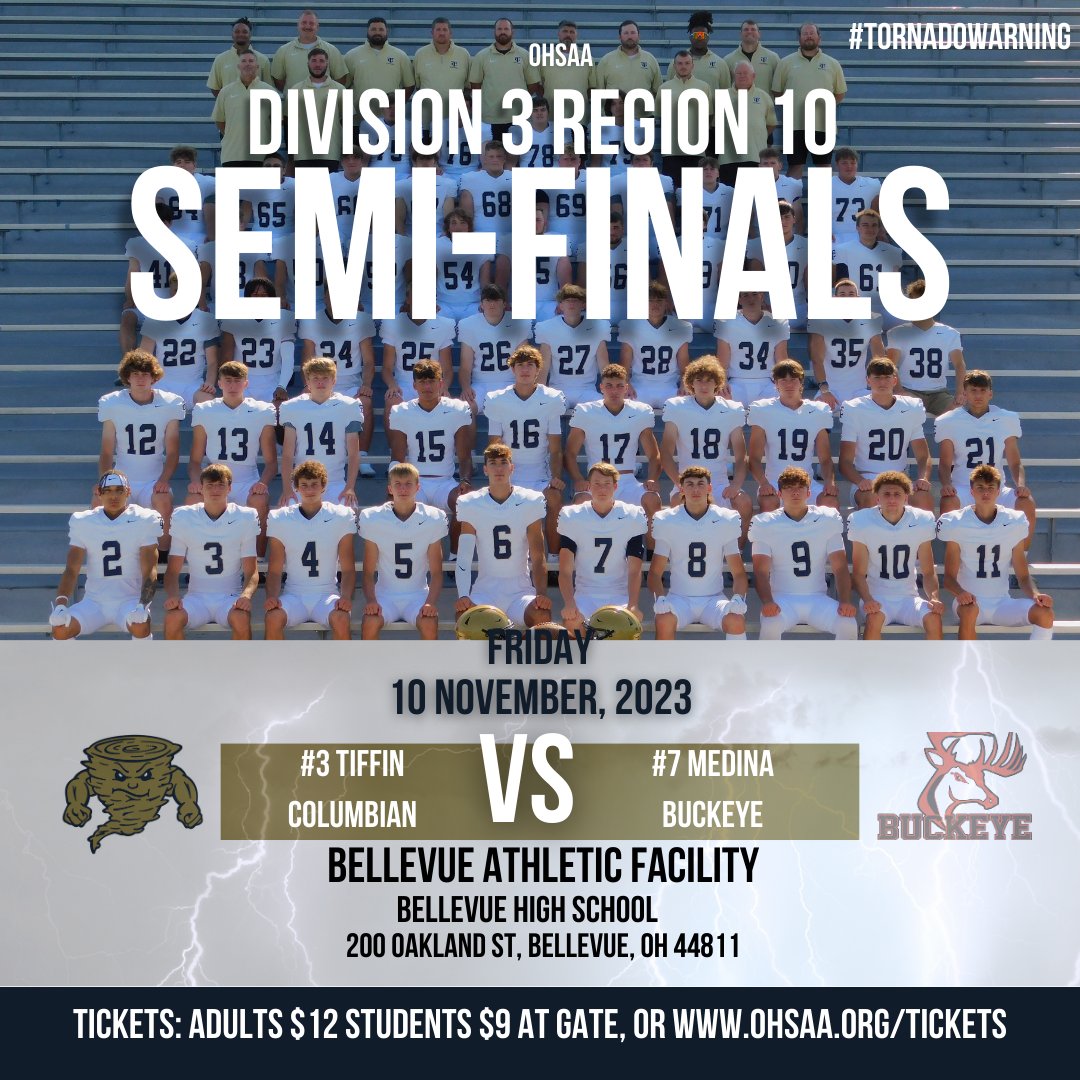 TiffinTornadoes's tweet photo. Football Regional Semi-Finals vs Medina Buckeye:
We are the HOME team and will sit on the HOME side
Gates open at 5:45
Kickoff 7:00
Tickets:
$12 Adults $ $9 Students at gate or online via https://t.co/F8zloR7TpK https://t.co/AKLfPpOhtn