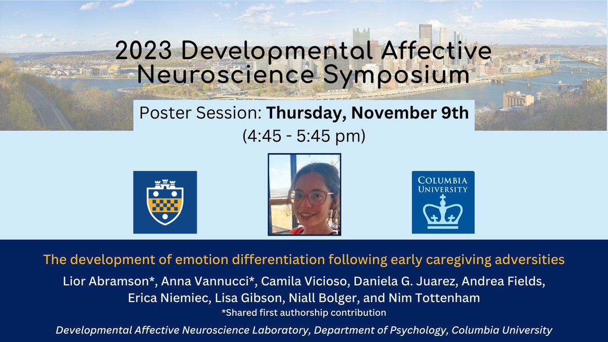 DAN LAB (@danlab_columbia) on Twitter photo Thursday at #DANS
<a href="/PittTweet/">University of Pittsburgh</a>, <a href="/LiorAbramson/">Lior Abramson</a> will present a poster (co-first-authored with <a href="/anna__vannucci/">Anna Vannucci</a>) on the development of emotion differentiation following early caregiving adversities. We encourage attendees to stop by! Thursday at #DANS
<a href="/PittTweet/">University of Pittsburgh</a>, <a href="/LiorAbramson/">Lior Abramson</a> will present a poster (co-first-authored with <a href="/anna__vannucci/">Anna Vannucci</a>) on the development of emotion differentiation following early caregiving adversities. We encourage attendees to stop by!