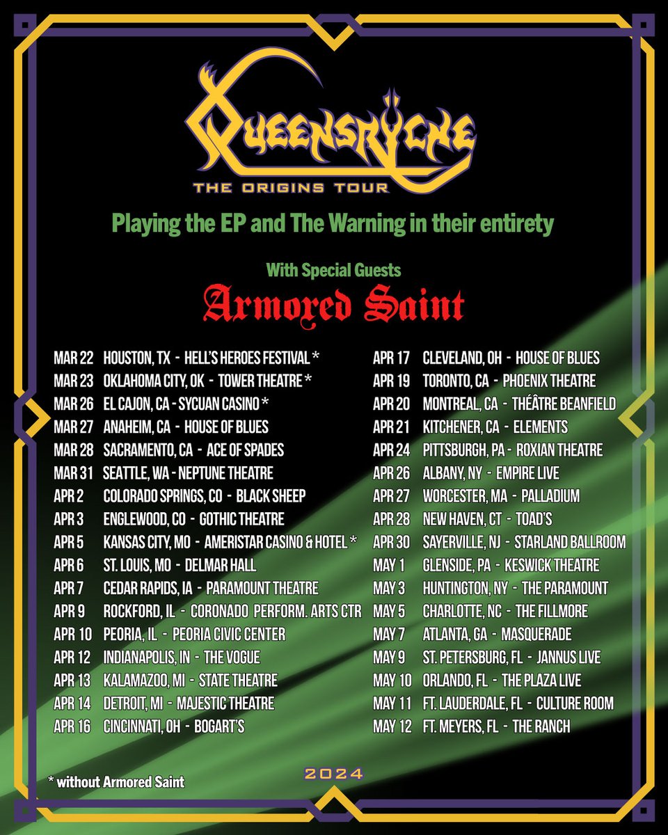 Announcing ‘The Origins Tour’ [playing the EP & The Warning] and featuring our good friends and special guests Armored Saint!! Tickets on sale THIS Friday!! #Queensryche #TheOriginsTour #EP #TheWarning #ArmoredSaint