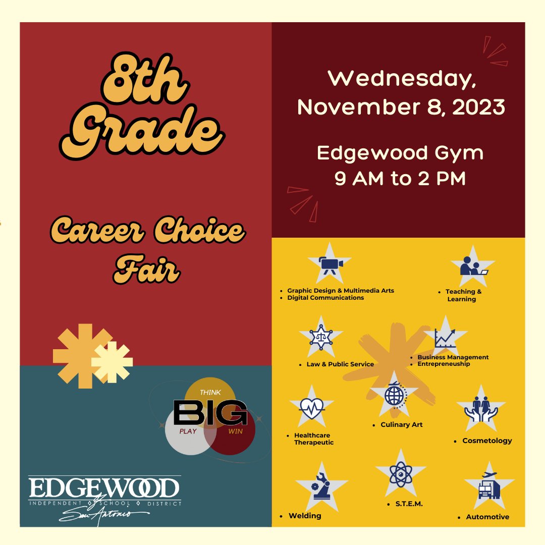 EISD/CTE will be hosting a Career Choice Fair at the Edgewood Fine Arts Gym for prospective 9th grade students!
This event is open to EISD 8th-grade students only during school hours.
*Parents may visit from 4 pm - 6 pm*
#IChooseEdgewood