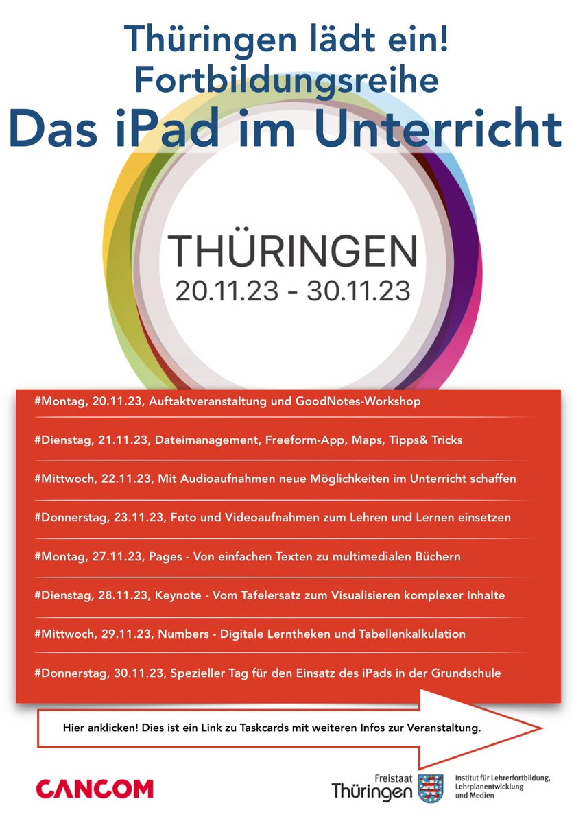 Sehr schöne Idee aus #ThüBi. Vom 20.11. ab gibt es spannende iPad-Fortbildungen, die für alle BL (!) geöffnet sind. Auf der <a href="/TaskCards_/">TaskCards.de</a> gibt es weitere Infos 👉🏻 t1p.de/oeu83 #Twlz <a href="/Thillm/">Thillm</a> <a href="/Th_Schulportal/">ThüringerSchulportal</a> <a href="/BildungTH/">TMBWK</a>