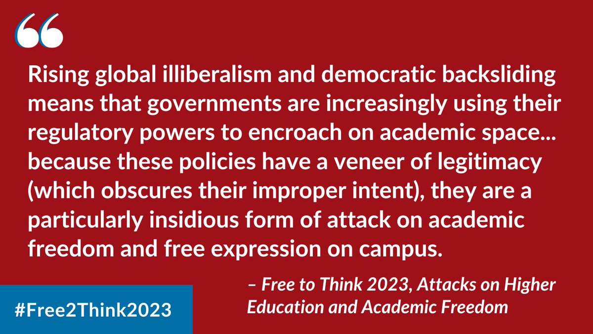 Bans on education, measures interfering w/#UniversityAutonomy, and laws limiting #FreeSpeech are some examples of administrative actions limiting academic space. Learn more about the rise of illiberal policies in #Free2Think2023: scholarsatrisk.org/resources/free…