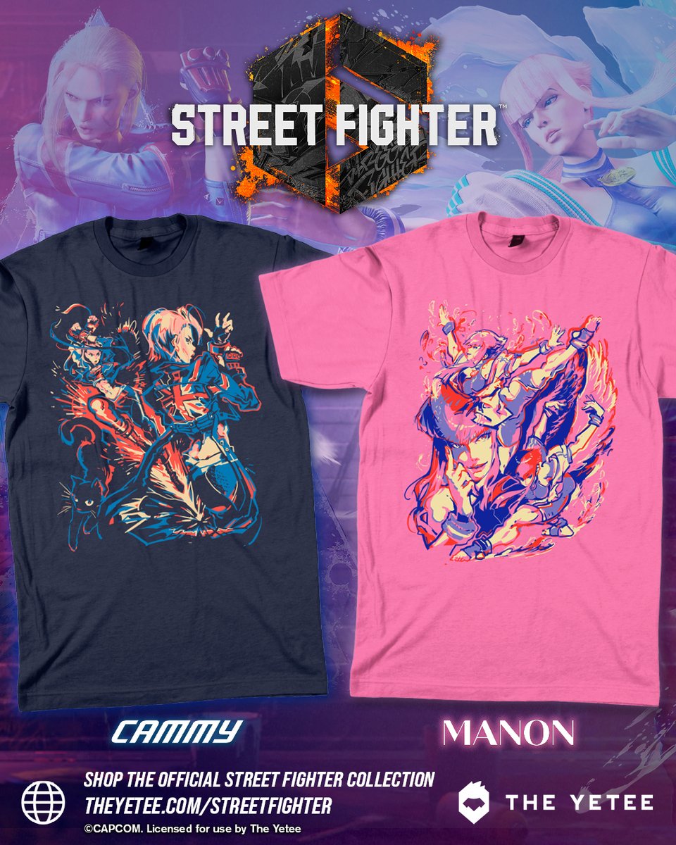 StreetFighter's tweet photo. Look sharp— @theyetee is back with two new tees from their official #StreetFighter6 collaboration! Cammy and Manon join the collection with two fearsome new tees, available only at The Yetee!

👕 https://t.co/Mq9L2dnYhe https://t.co/jtatfqKlXN