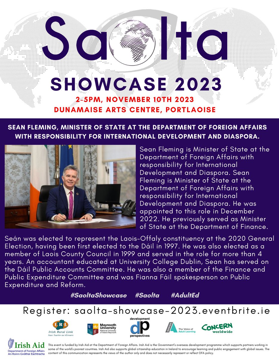 #Saolta is delighted to welcome <a href="/SeanFlemingTD/">Seán Fleming</a>, Minister of State at the Department of Foreign Affairs with responsibility for International Development and Diaspora to our #saoltashowcase.

The event will take place this Friday the 10th of November at 2pm in Dunamaise Arts