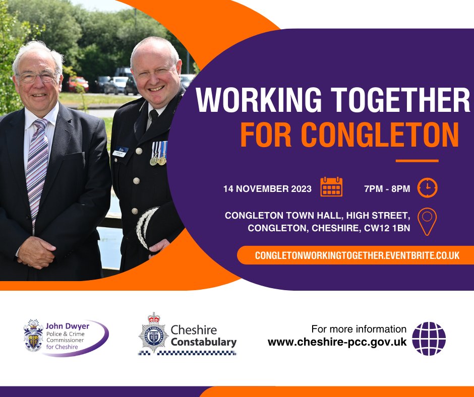 💡 Working Together for Congleton- 1 week to go

Residents are invited to their local Working Together event to hear from and discuss policing issues with me, the Chief Constable, and their local team.

Register your place ➡️ orlo.uk/h2yO6 

<a href="/PoliceCongleton/">Congleton Police</a>