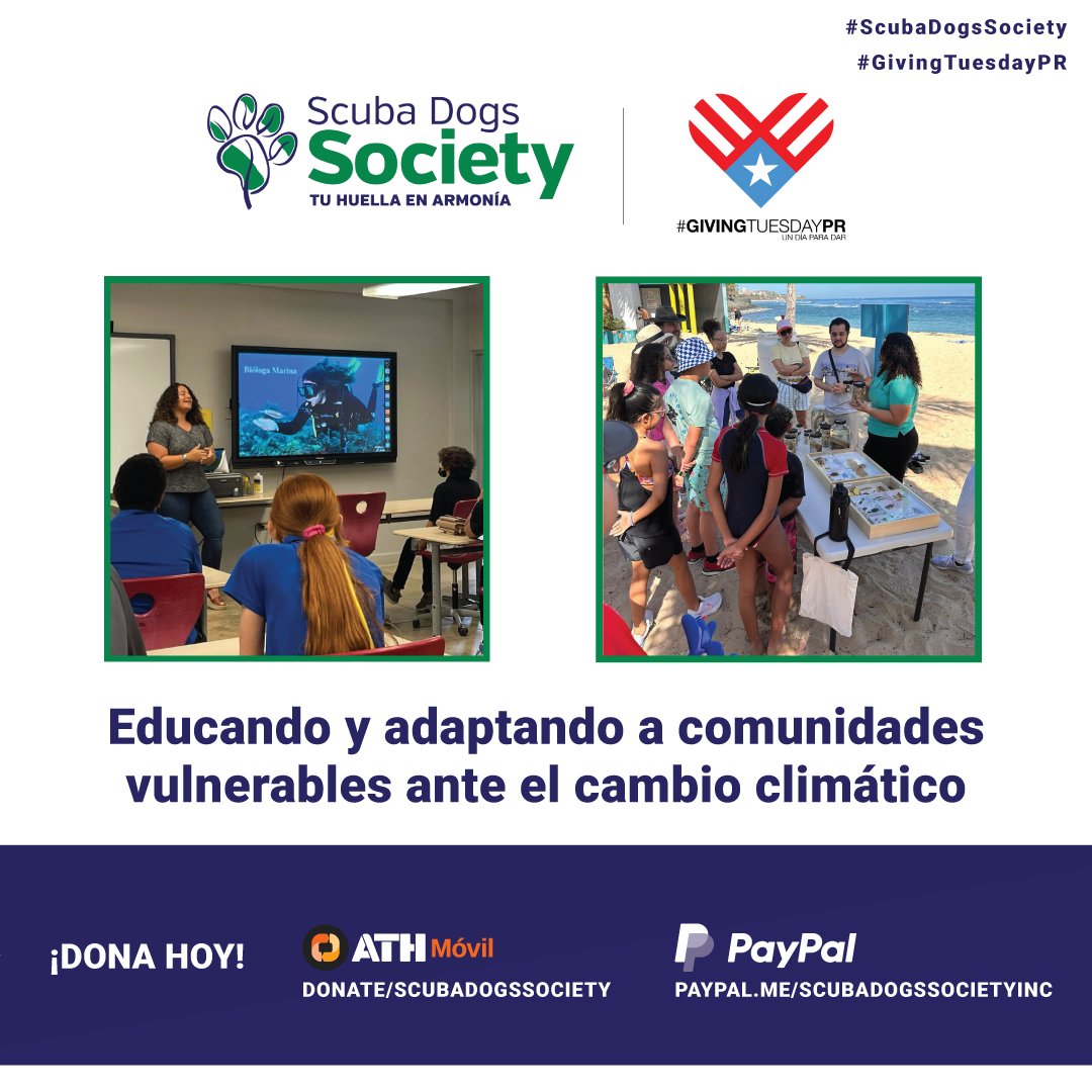 Apóyanos con tu donativo para aumentar nuestro ofrecimiento de charlas educativas a comunidades vulnerables ante el cambio climático.

Visita shorturl.at/dEHP7 para conocer más y hacer tu donativo. #GivingTuesday #ScubaDogsSociety