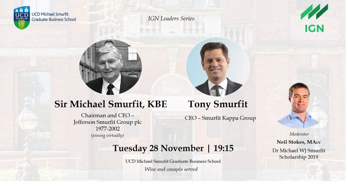 Join a fascinating live fireside chat with the Group CEO of Smurfit Kappa, Tony Smurfit. The event will start with a welcome video from Sir Michael Smurfit, KBE.  It's happening on November 28, 2023, from 19:15-21:30 GMT. Reserve your spot now: bit.ly/3QmILrZ