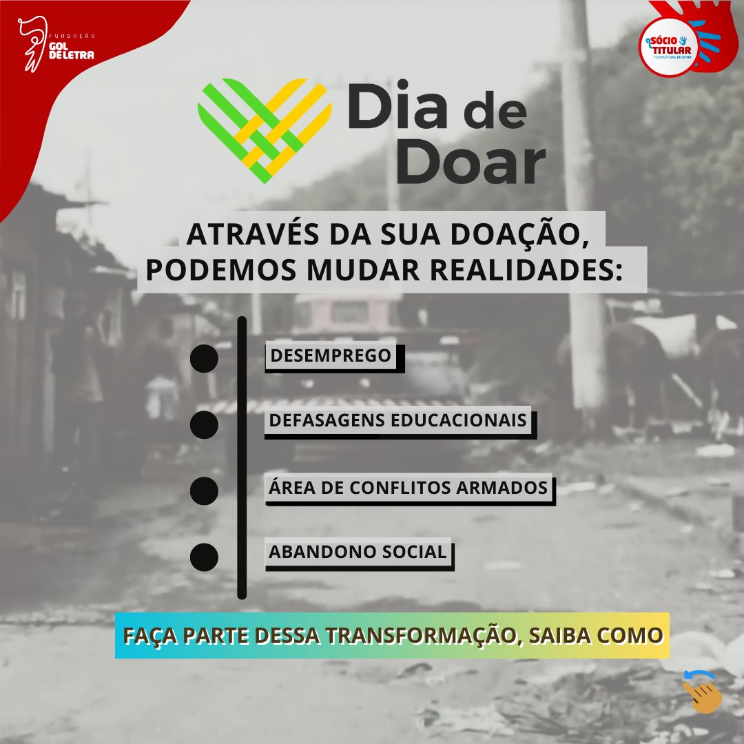 FundGolDeLetra's tweet photo. Vamos nos unir e celebrar a generosidade e solidariedade!
​
Participe do Dia de Doar, 28 de novembro é uma data especial em que todos nós podemos fazer a diferença!

Entre no site e doe: ​
https://t.co/DLTAIArv3U​
​
Doe também através do PIX: ​​
sociotitular@goldeletra.org.br https://t.co/Or9apRtnsj