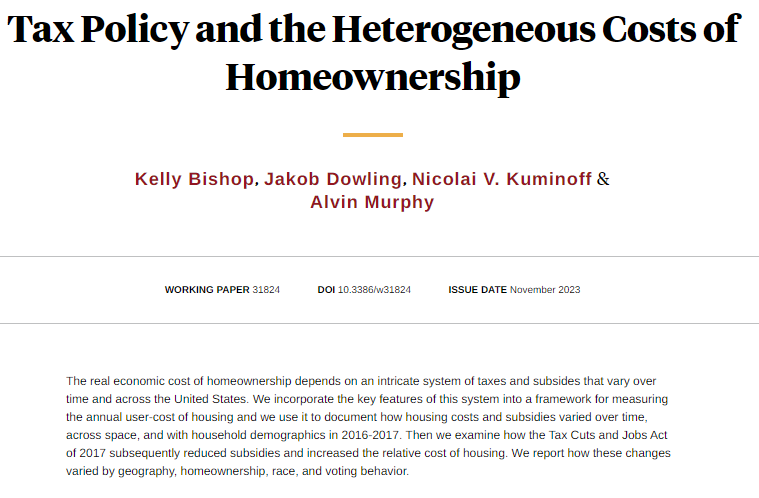 nberpubs's tweet photo. The real cost of homeownership varies over time, across space, and with household demographics. The Tax Cuts and Jobs Act increased these costs differently for demographic groups, from Kelly Bishop, Jakob Dowling, Nicolai V. Kuminoff, and Alvin Murphy https://t.co/3de5jhpbA1 https://t.co/d1cp707pv8